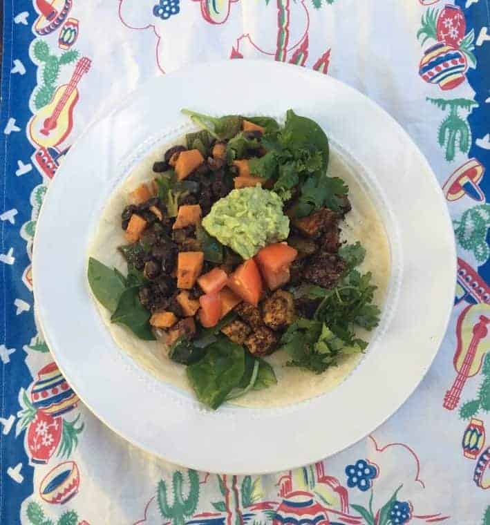 Black Bean Burrito with Tempeh Sweet Potatoes and Spinach